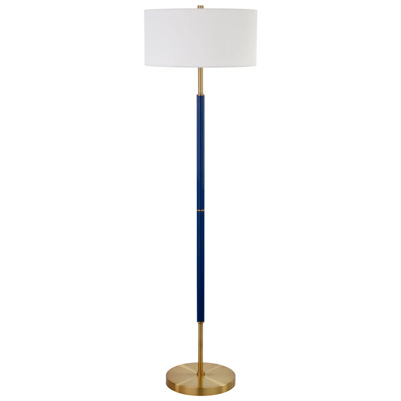 Hudson&Canal - Lampadaire Simone 2 lumières avec abat-jour en tissu - Bleu/laiton/blanc