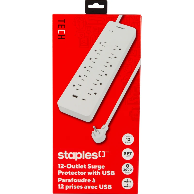 Staples Tech 3000J 12 Outlet Surge Protector - USB-A/USB-C Ports - 5' Cable - White