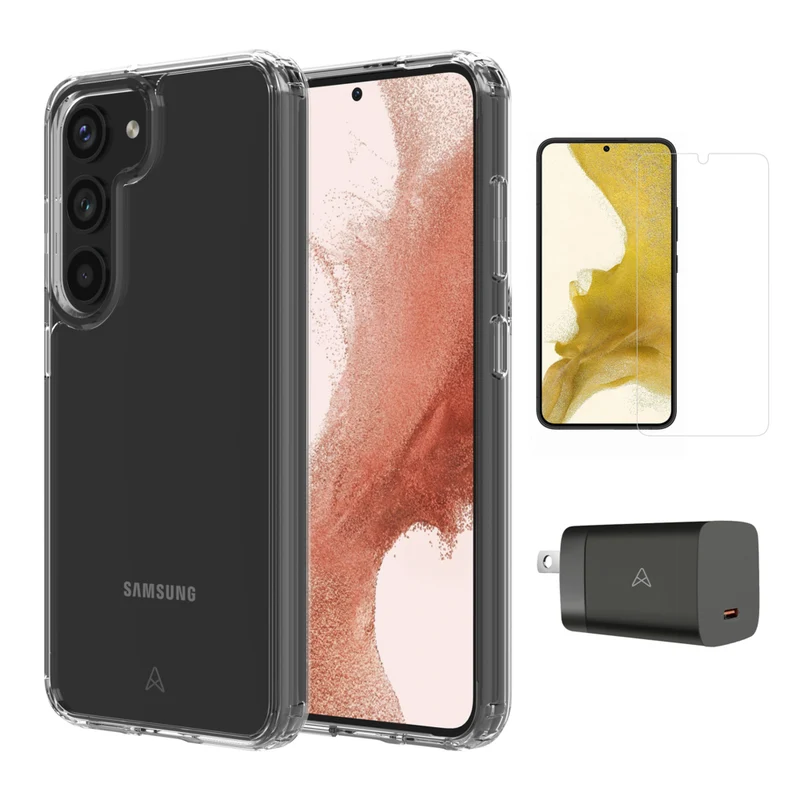 AXS - Ensemble de depart - etui ULTRA CLEAR transparent, protecteur d'ecran et chargeur 30W pour Samsung Galaxy S23