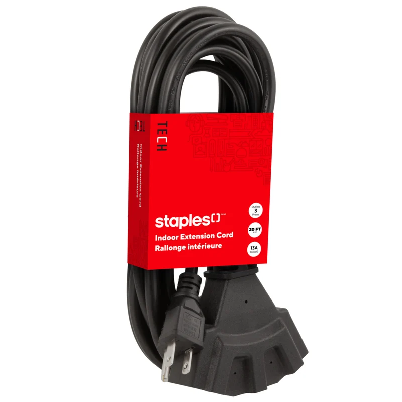 Staples Tech 3 Outlet Extension Cord - 20' Cable - Black