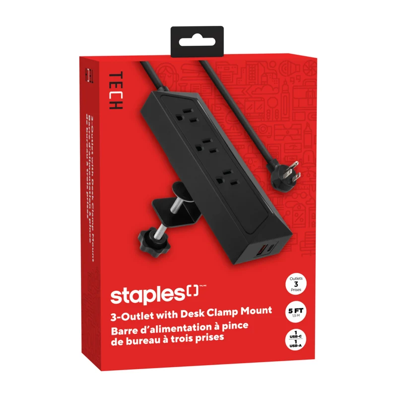 Staples Tech 3 Outlet Power Strip Desk Mount - USB-A/USB-C Ports - 5' Cable - Black