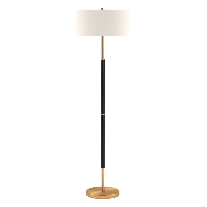 Hudson&Canal Simone 2-Light Floor Lamp with Fabric Shade - Matte Black/Brass/White