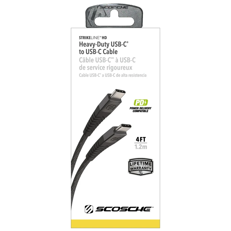 Scosche Strikeline Heavy Duty USB-C to USB-C Braided Cable - 4 ft - Black