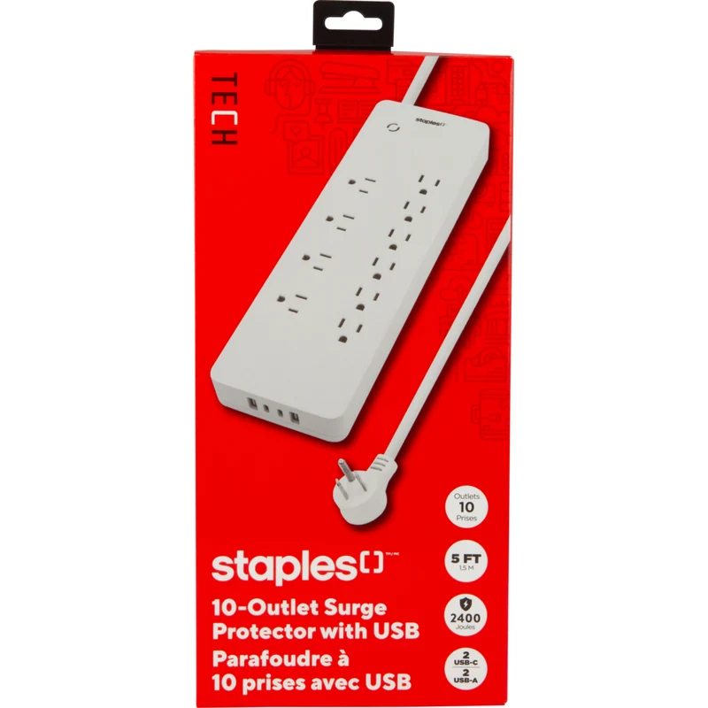 Staples Tech - Parasurtenseur à 10 prises 2 400 J - 2 ports USB-A et USB-C - Câble de 5 pi - Blanc