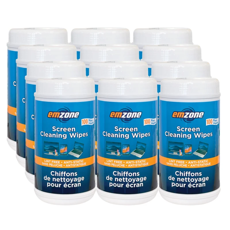Emzone - Lingettes nettoyantes pour écrans - 100 lingettes/paquet - Paquet de 12