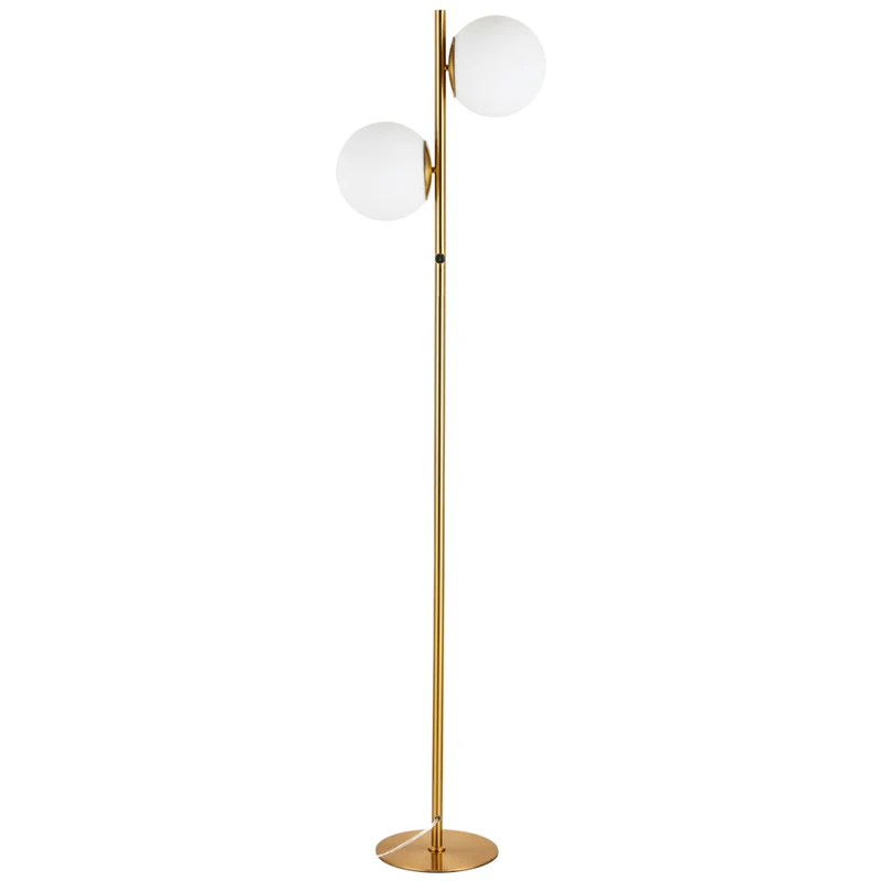 Dainolite - Lampe sur pied à incandescence contemporaine Folgar, 2 lumières, laiton vieilli et verre opale blanc