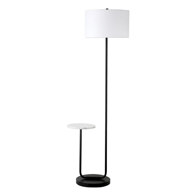 Hudson&Canal Jacinta Floor Lamp with Marble Tray Table and Fabric Shade - Blackened Bronze/White
