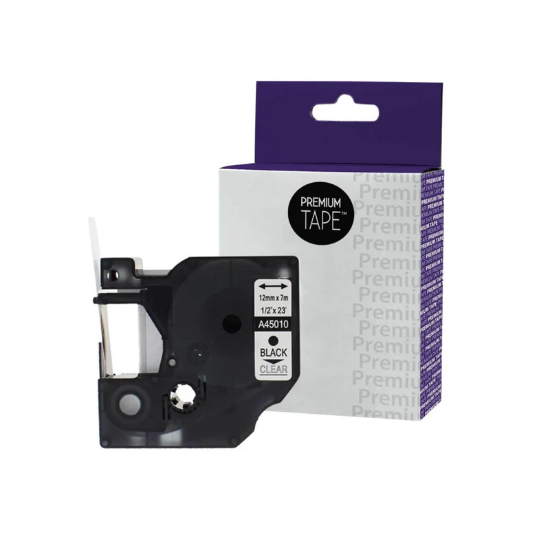Premium Tape Dymo 45010 Alternative Labelling Maker Tape - 12 mm 1/2" W x 23' L - Black/Clear