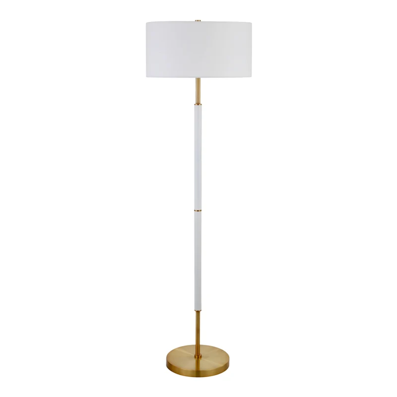 Hudson&Canal - Lampadaire Simone 2 lumières avec abat-jour en tissu - Blanc mat/laiton/blanc