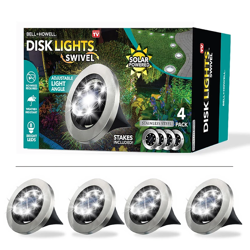 Bell + Howell Solar Powered Swivel Disk Outdoor Path Lights with 8 LED Bulbs - 4 Pack