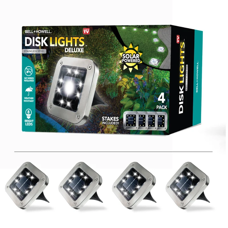 Bell + Howell - Lampadaires d’extérieur à disque solaire avec 8 ampoules à DEL - Paquet de 4