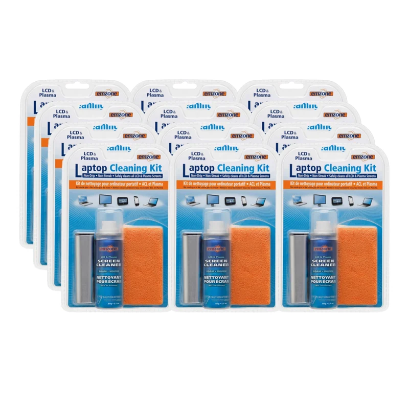 Emzone - Kit de nettoyage pour ordinateur portable avec nettoyant pour écran et chiffon - Lot de 12