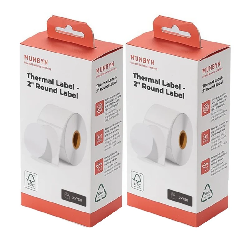 MUNBYN Thermal Circle Label - 2" - White - 750 Sheets/Roll - 2 Rolls/Pack - 2 Pack