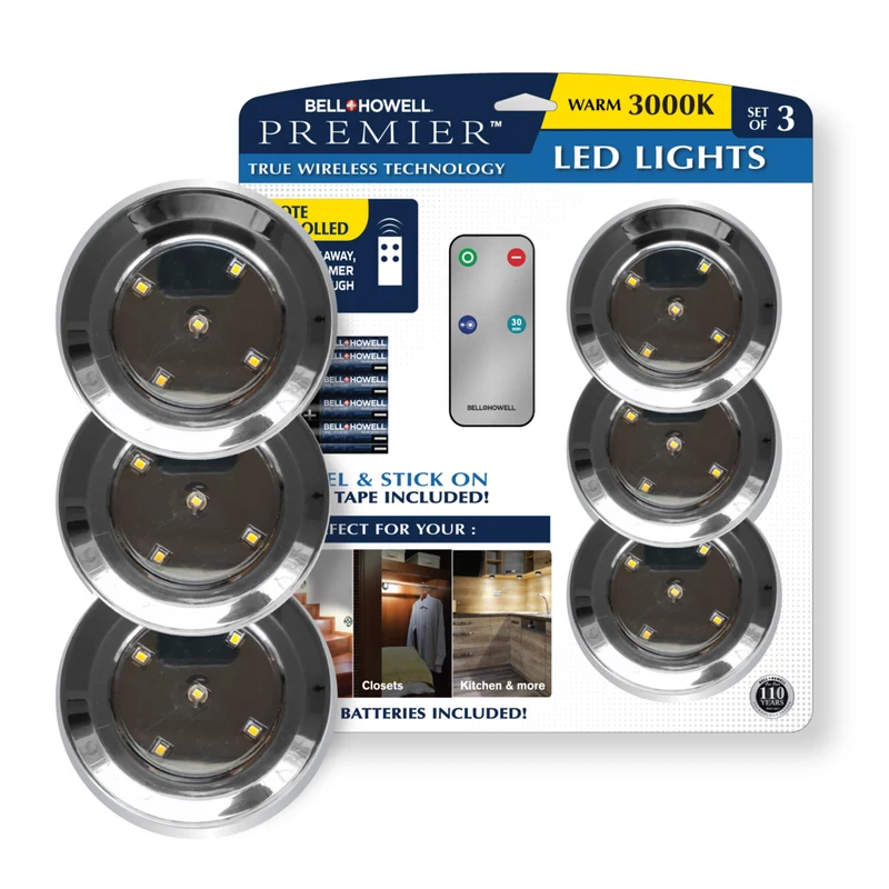 Bell+Howell Premier Battery Operated LED Under Cabinet Puck Light with Remote - 3.54" - 3 Pack
