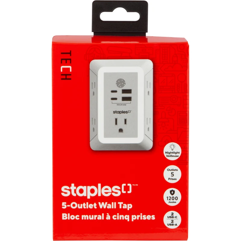 Staples Tech 1200J 5 Outlet Wall Tap 2 USB-A/USB-C Ports - White