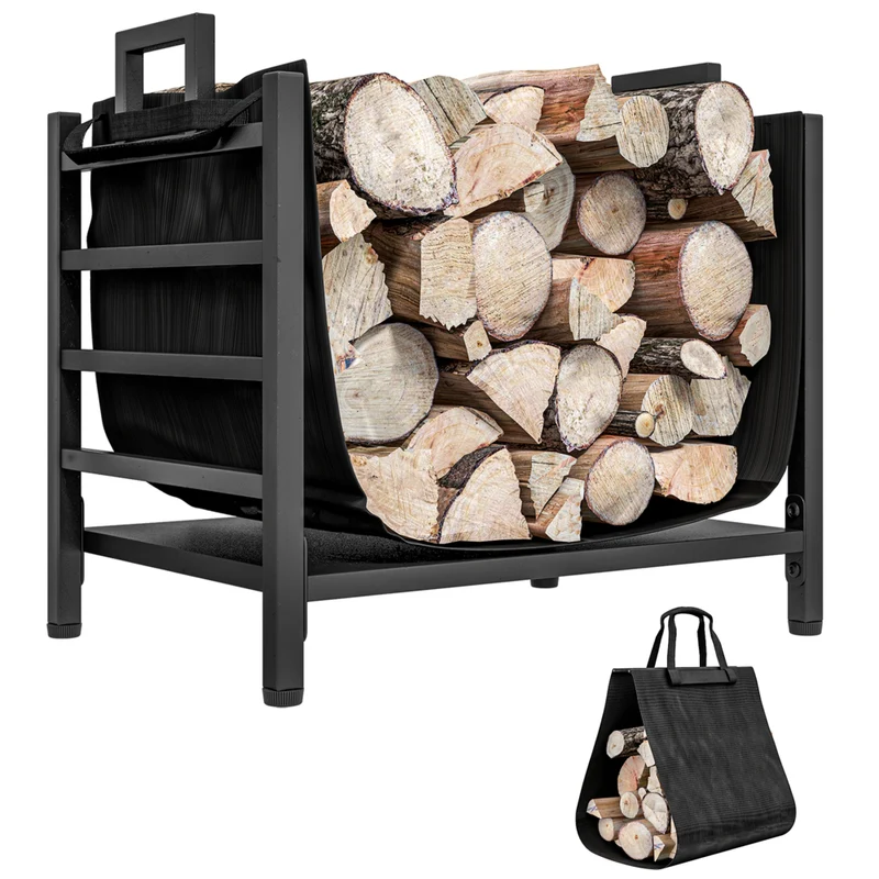Outsunny 19" Firewood Rack Outdoor with Carrier - Metal Wood Storage Holder