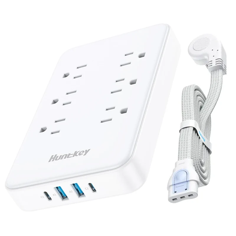 Huntkey - Parasurtenseur avec cordon détachable, 6 prises et 4 ports USB (2 USB-C, 2 USB-A) - blanc