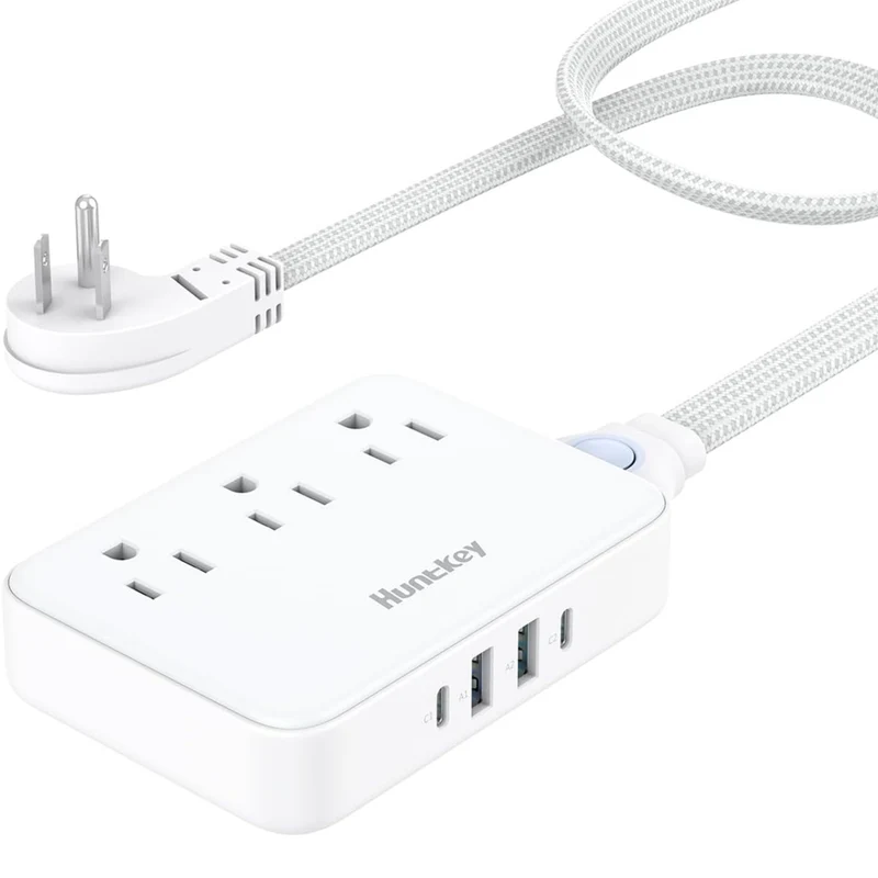 Huntkey Detachable Cord Power Strip with 3 Outlets and 4 USB Ports - White