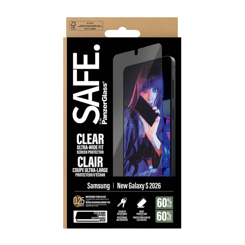 PanzerGlass SAFE Ultra Wide Fit Screen Protecter for Samsung Galaxy S26 - Clear