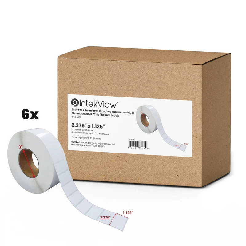 Premium Tape Direct Thermal Pharmagloss RP31 Labels - 3" Core - 2.375" x 1.125" - White - 5000/Roll - 6 Rolls