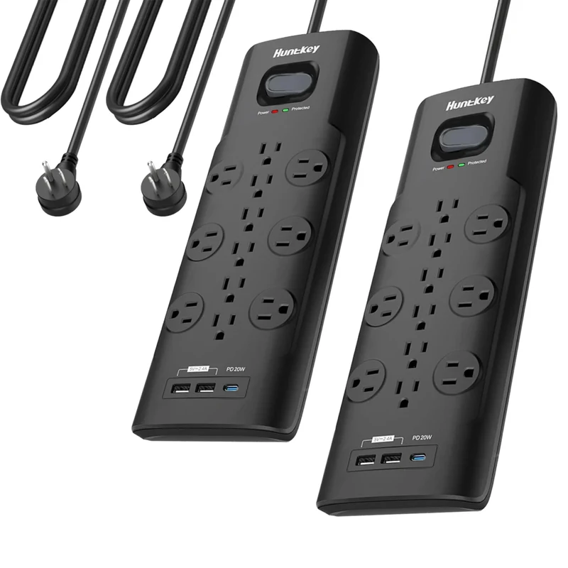 Huntkey 6' Flat Plug Surge Protector Power Strip with 12 Outlets and 3 USB Ports - Black - 2 Pack