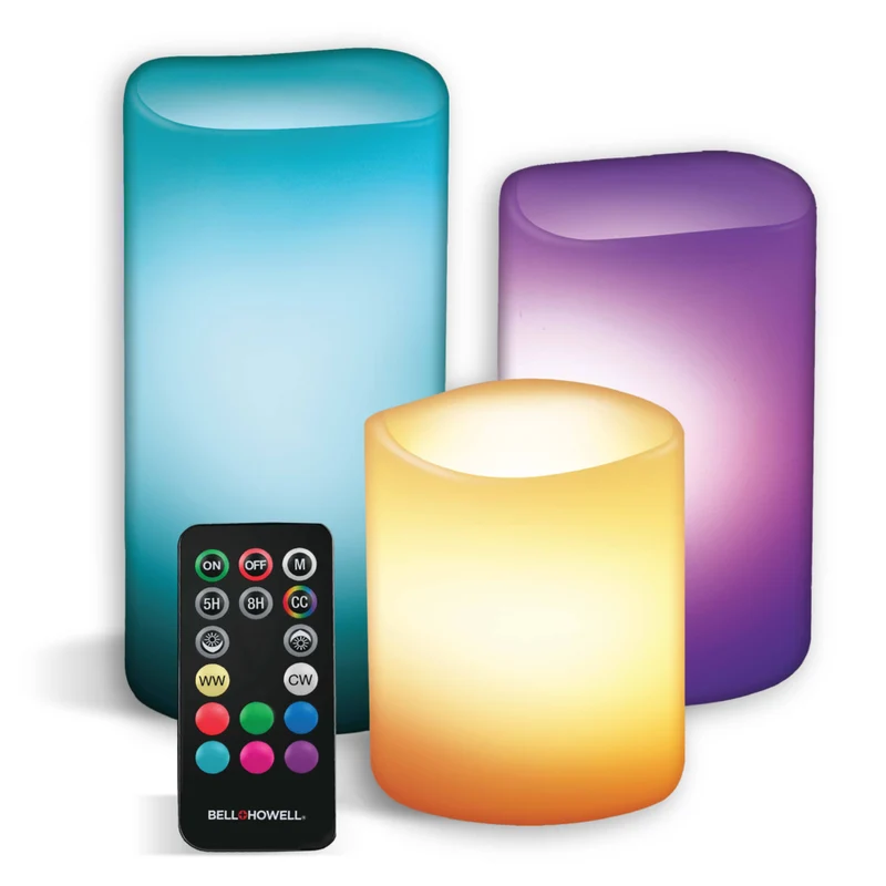 Bell+Howell - Bougies sans flamme multicoloures Candle Brights à piles avec télécommande - Paquet de 3