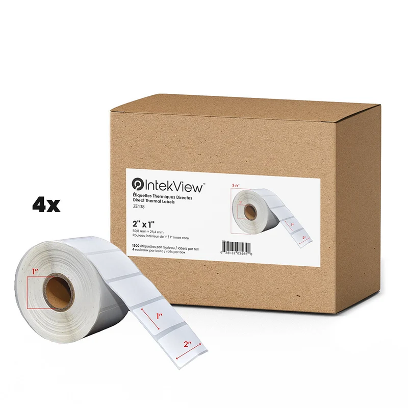 Premium Tape Direct Thermal Labels - 1" Core - 2" x 1" - 1300/Roll - 4 Rolls