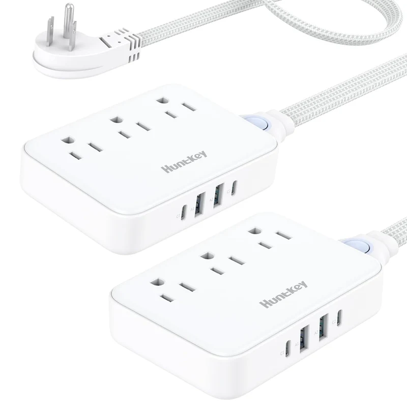 Huntkey - Multiprise avec cordon détachable, 3 prises et 4 ports USB - blanc, paquet de 2