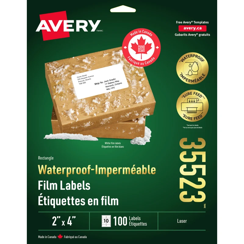 Avery Rectangle Waterproof Film Labels - 2" x 4" - White - 100 Labels
