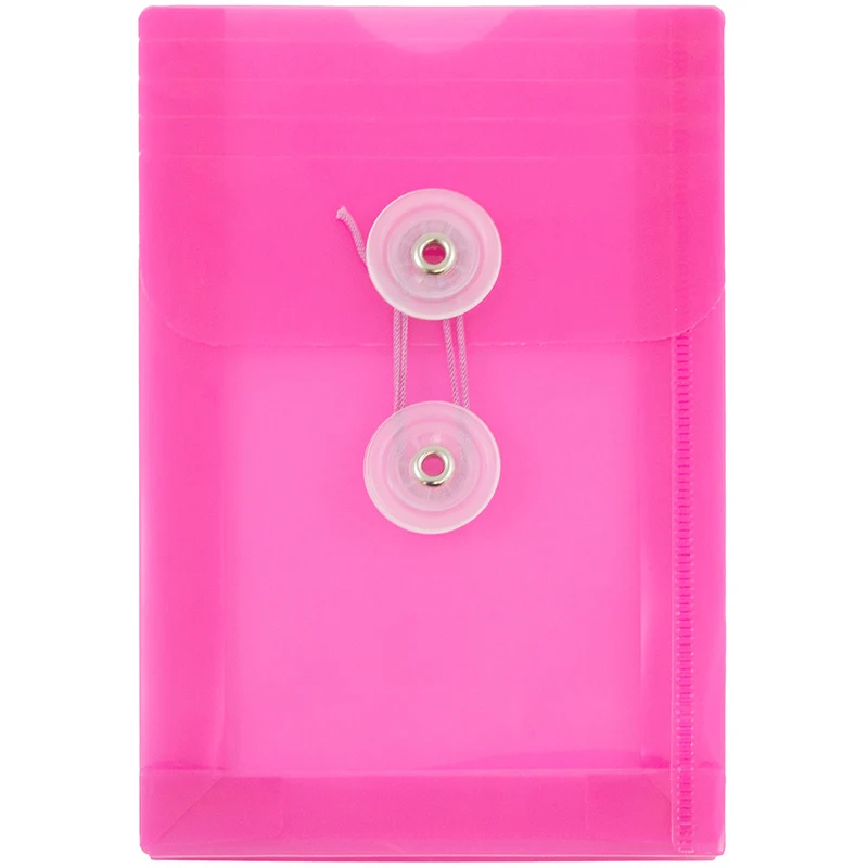 JAM Paper Plastic Envelopes with Button and String Tie - Open End - 4.25" x 6.25" - Fuchsia Pink - 12 Pack
