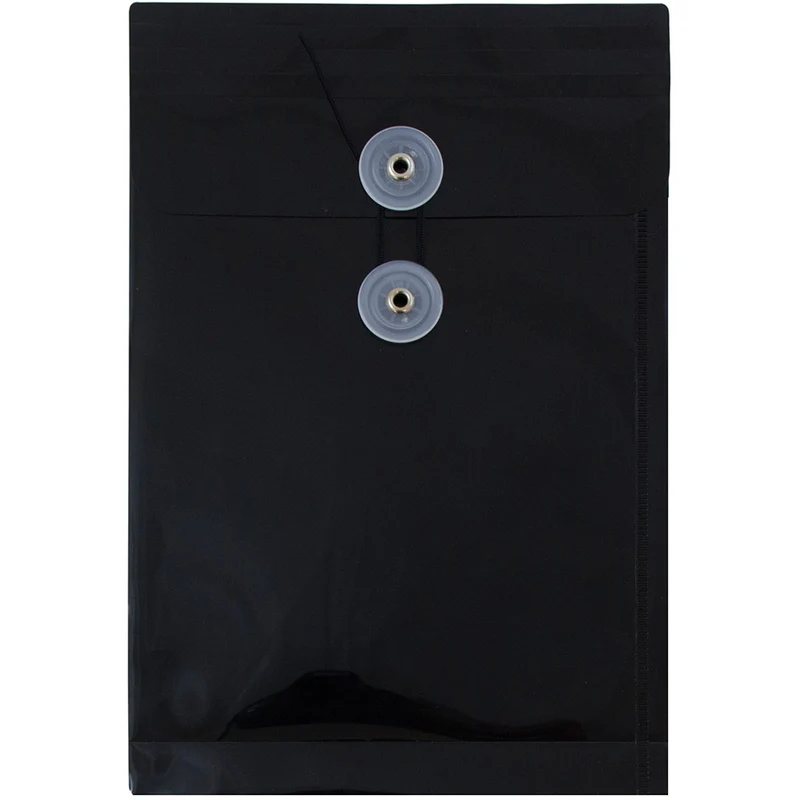JAM Paper - Enveloppes en plastique avec fermeture à bouton et cordon - Extrémité ouverte - 6,25 x 9,25 - Noir - Paquet de 12