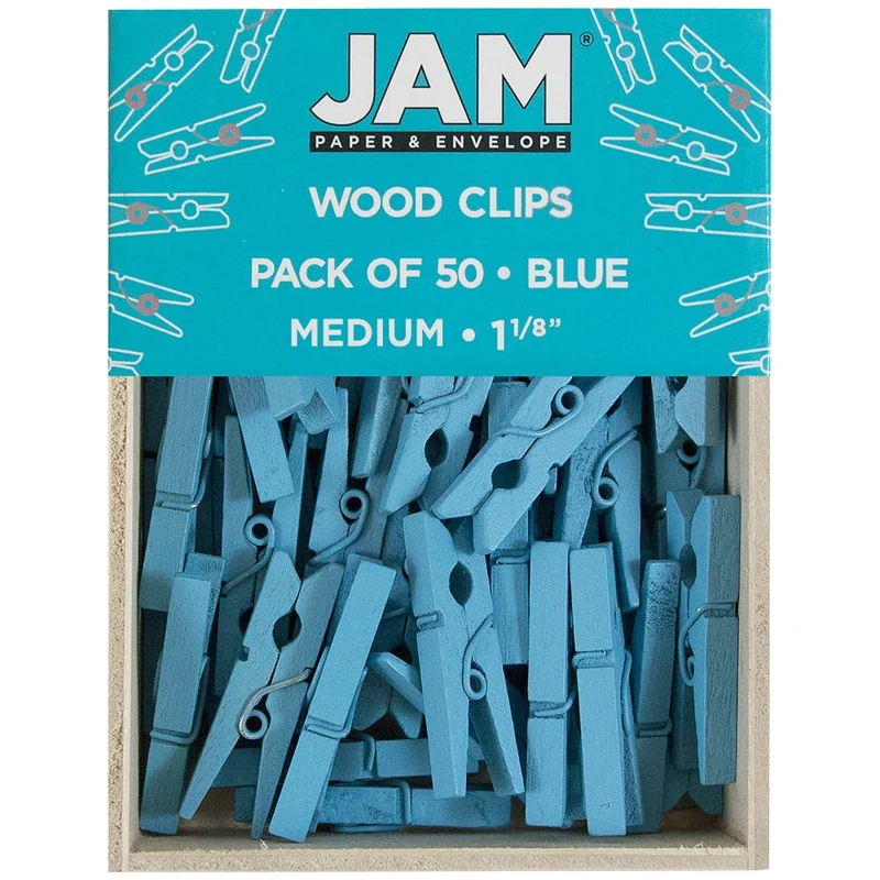 JAM Paper Wood Clip Clothes Pins - Medium - 1 1/8" - Blue - 50 Pack