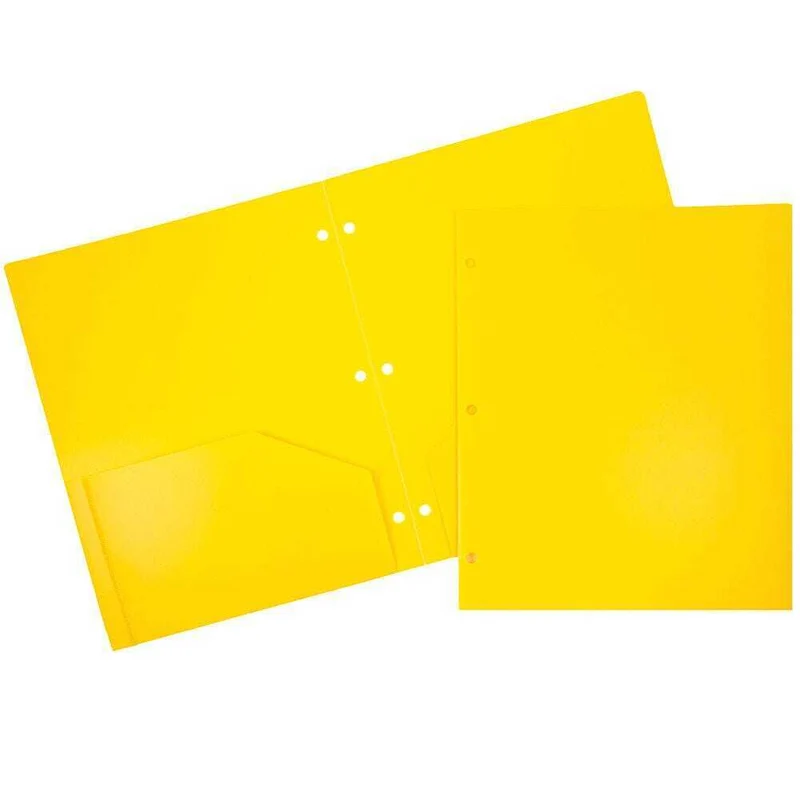 JAM Paper Heavy Duty Plastic 3 Hole Punch Two-Pocket School Folders - Yellow - 6 Pack