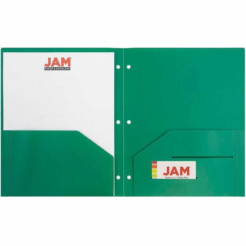 JAM Paper Heavy Duty Plastic 3 Hole Punch Two-Pocket School Folders - Green - 6 Pack