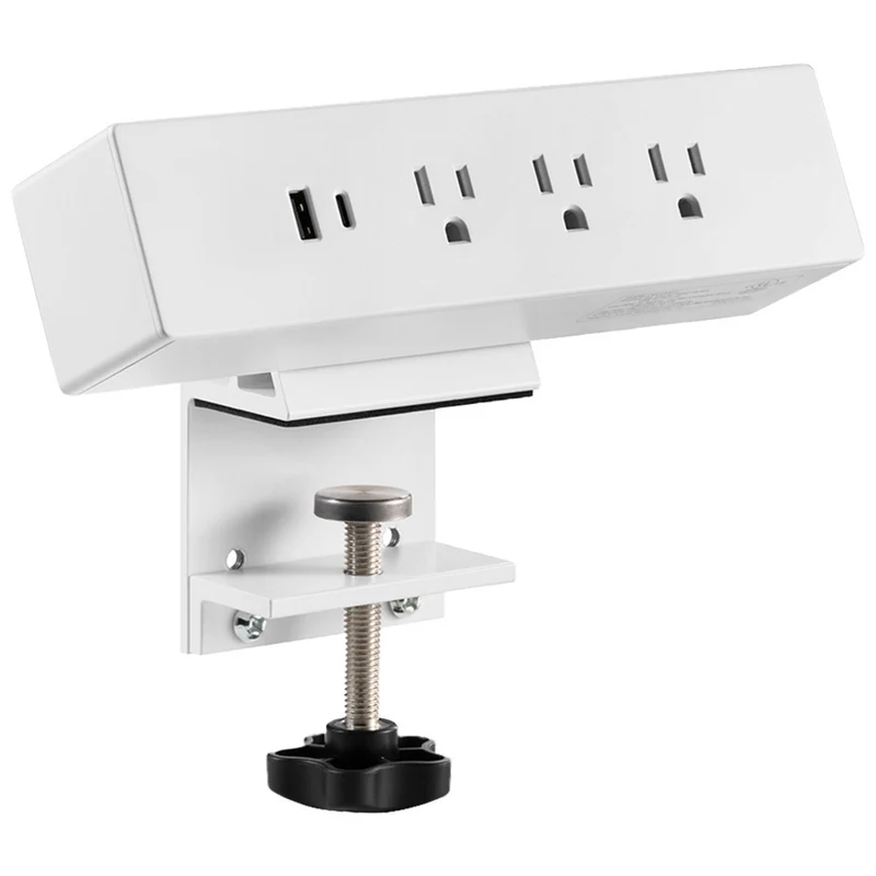 MotionGrey - Barre d’alimentation à pince pour bureau avec parasurtenseur et port USB-C - 3 prises et câble plat de 6 pieds - Blanc