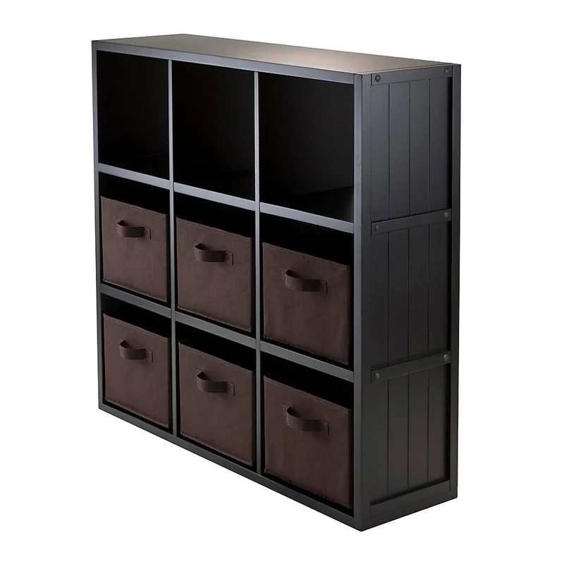 Winsome Timothy 7-Piece Wainscoting Panel Shelf with 6 Foldable Baskets, 3 x 3 Cube, Chocolate