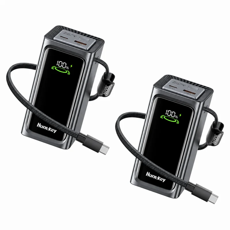 Huntkey 20,000mAh 100W USB-C Power Bank with Built-In Cable - Grey - 2 Pack