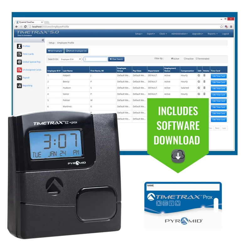 Pyramid Time Systems TimeTrax EZ Series 50 Employee Base Package Software Based Proximity Time Clock System, Black (PPDLAUBKN)