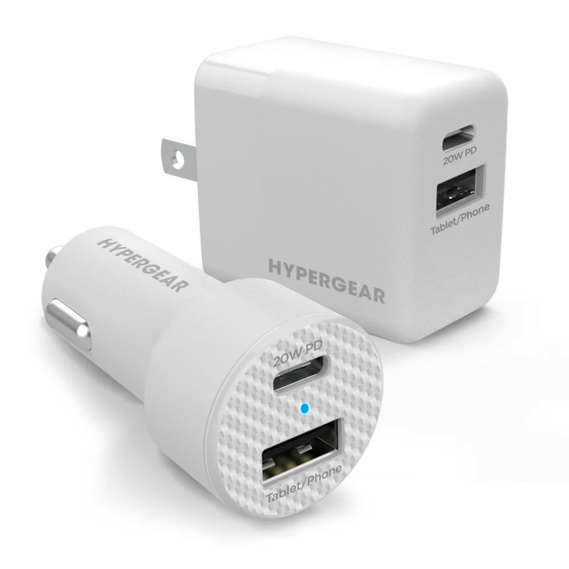 HyperGear 20W Dual Port USB-A/USB-C Car and Wall Charger Bundle - White