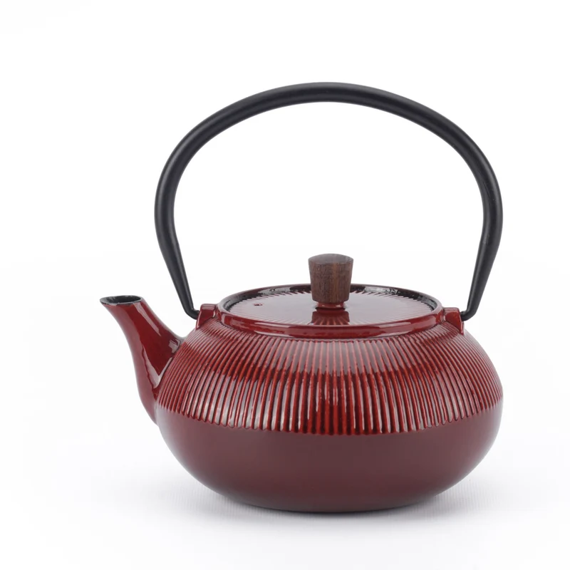 Minimal Enamelled Cast Iron Teapot - Line Red - 0.6 L