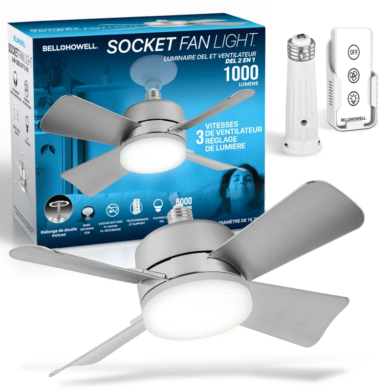 Bell+Howell - Lampe de ventilateur à douille de 15,7 po avec télécommande - Nickel