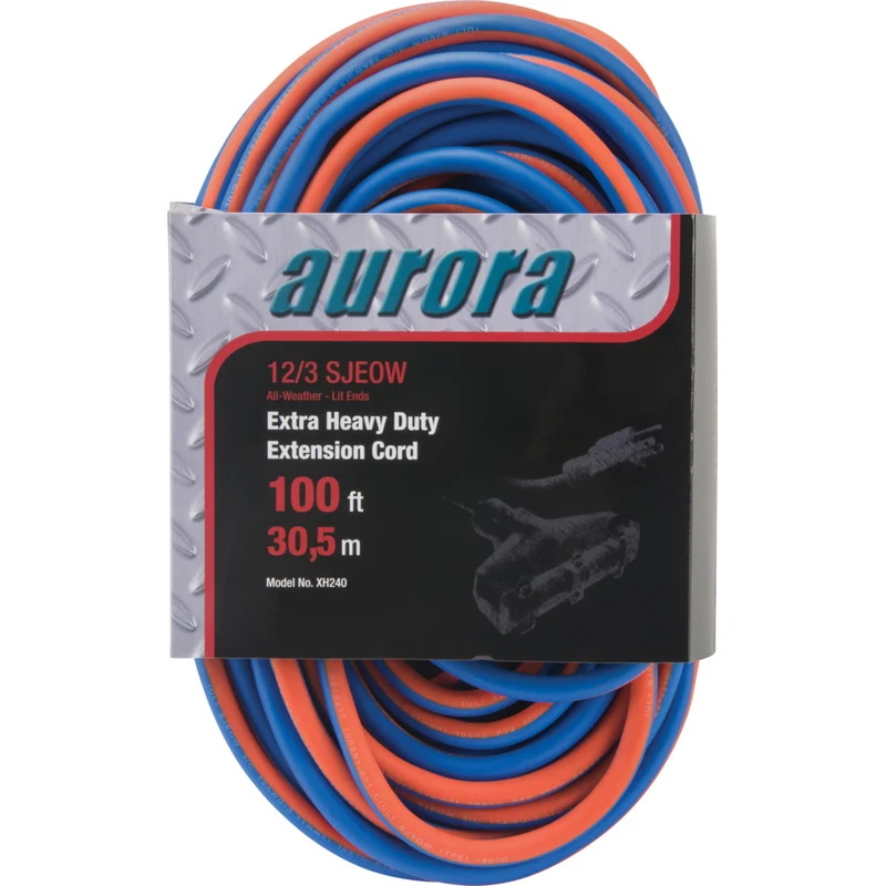 Aurora Tools - Cordon rallonge en caoutchouc TPE avec indicateur lumineux, Toutes saisons, AWG 12/3, 3 prise(s), Longueur de 100'