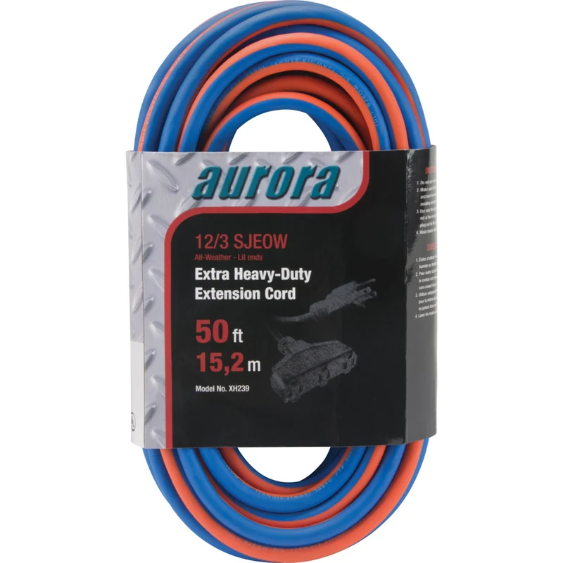 Aurora Tools TPE-Rubber Extension Cord with Light Indicator - All-Weather - 14/3 AWG - 3 Outlets - 50' Length