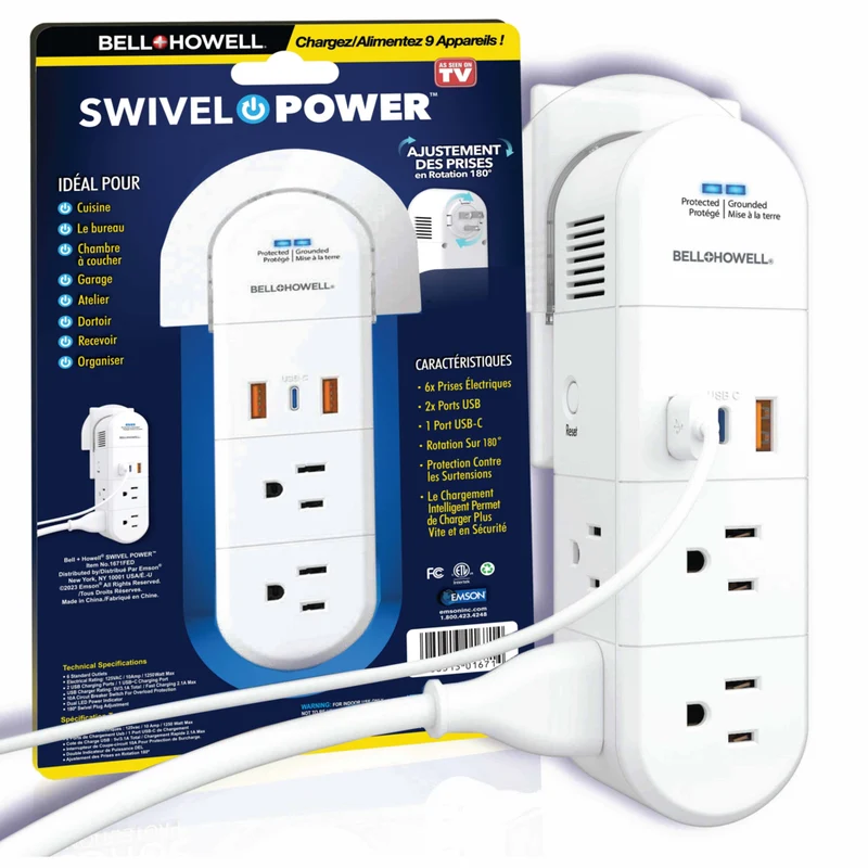 Bell+Howell - Multiprise pivotante avec USB-C - Blanc