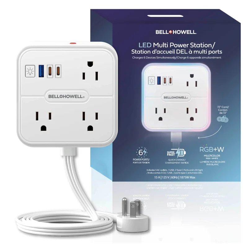 Bell+Howell - Parasurtenseur à 3 prises avec bloc d'alimentation à DEL et 1 port USB-A et 2 ports USB-C - Cordon de 6 pi