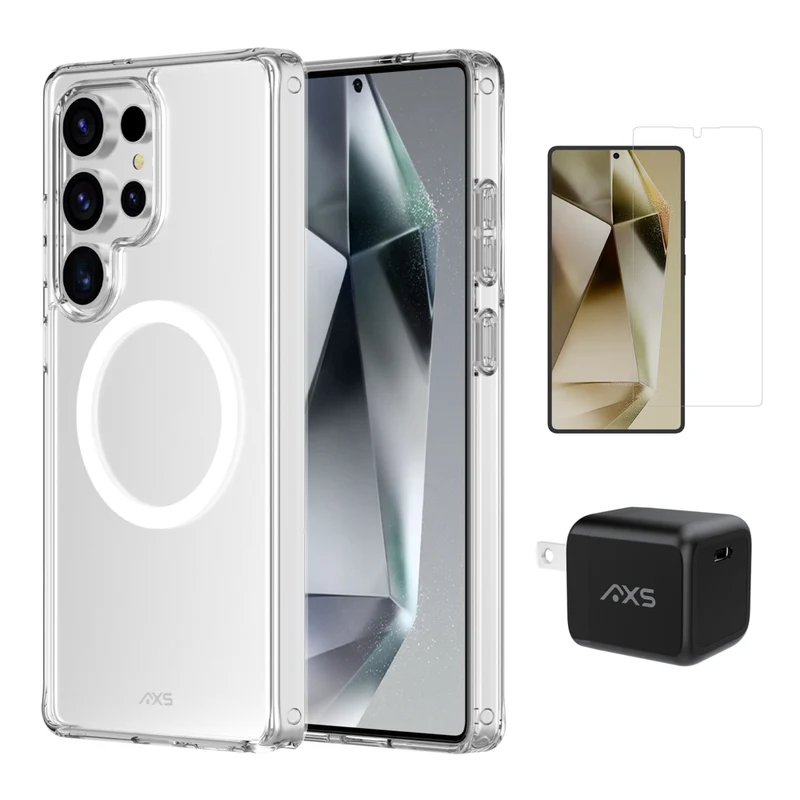 AXS Starter Kit bundle - Ultra Clear Case, Screen Protector & 30W Charger for Samsung Galaxy S25 Ultra
