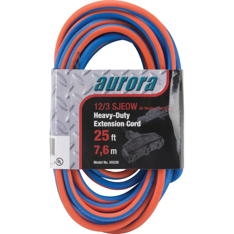 Aurora Tools TPE-Rubber Extension Cord with Light Indicator - All-Weather - 12/3 AWG - 3 Outlets - 25' Length - 2 Pack