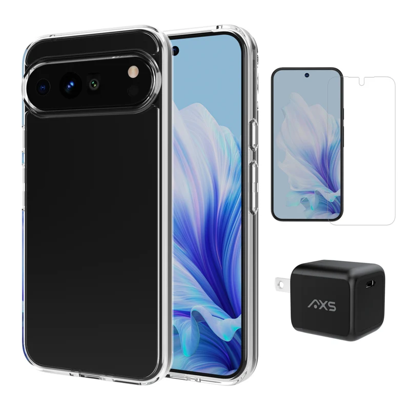 AXS Starter Kit bundle with Ultra Clear Case Screen Protector and 30W Charger for Google Pixel 9 Pro XL - Clear