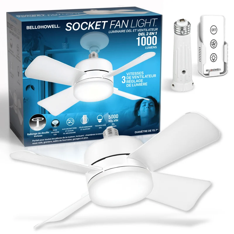 Bell+Howell 15.7 in. Socket Fan Light with Remote - White