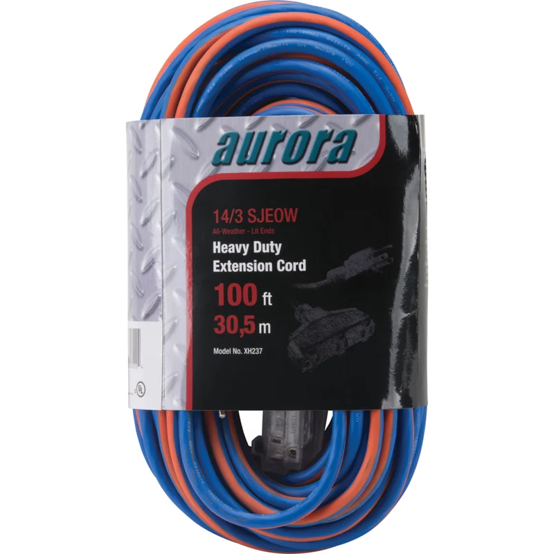 Aurora Tools - Cordon rallonge en caoutchouc TPE avec indicateur lumineux, Toutes saisons, AWG 14/3, 3 prise(s), Longueur de 100'